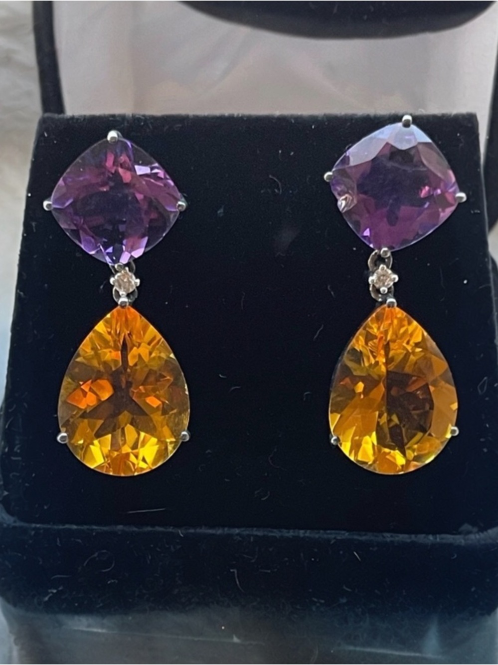 Elegant Earrings Purple and Gold Drop Large Rhinestones Pierced with box